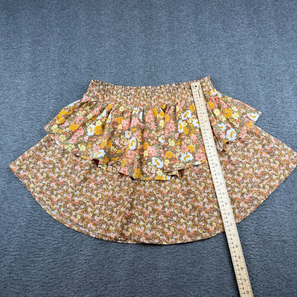 Sienna Sky Ruffle Mini Skirt Women's L Brown Floral Smocked Tiered 02CS258 - Picture 3 of 7